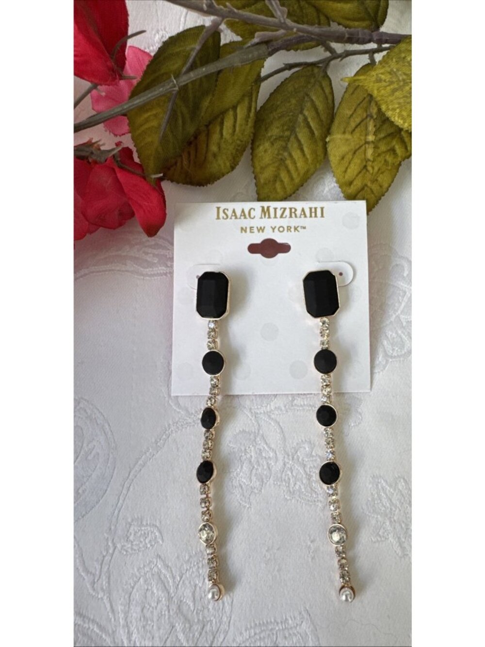 Isaac Mizrahi Shiny Black Square Rhinestone Gold  Earrings 4" Party MSRP $44 NEW